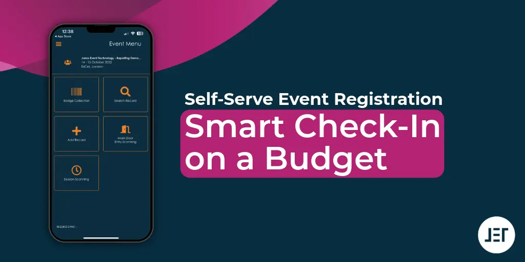 Phone with check-in screen on dark blue and purple background with blog title